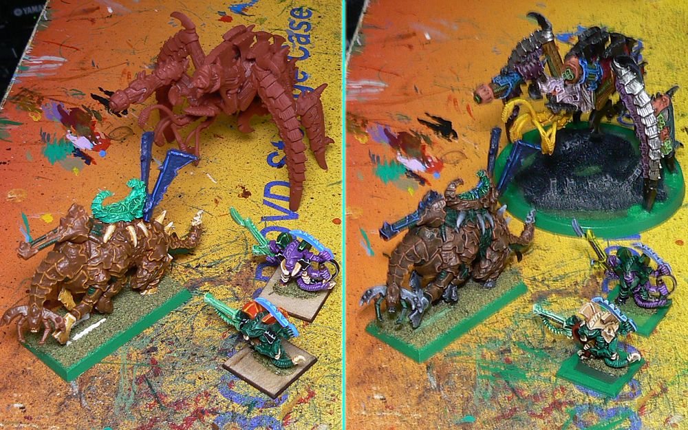 The last 4 Tyranid models before and after painting